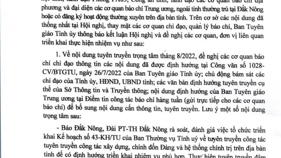 Thông báo Kết luận hội nghị giao ban báo chí tháng 7/2022 của Ban tuyên giáo tỉnh ủy Đắk Nông